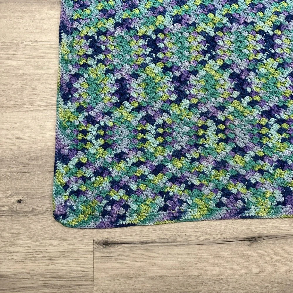 Handmade Crochet Throw Blanket Knit Lap Pastel Blue Purple Green Zig Zag 68 x 31